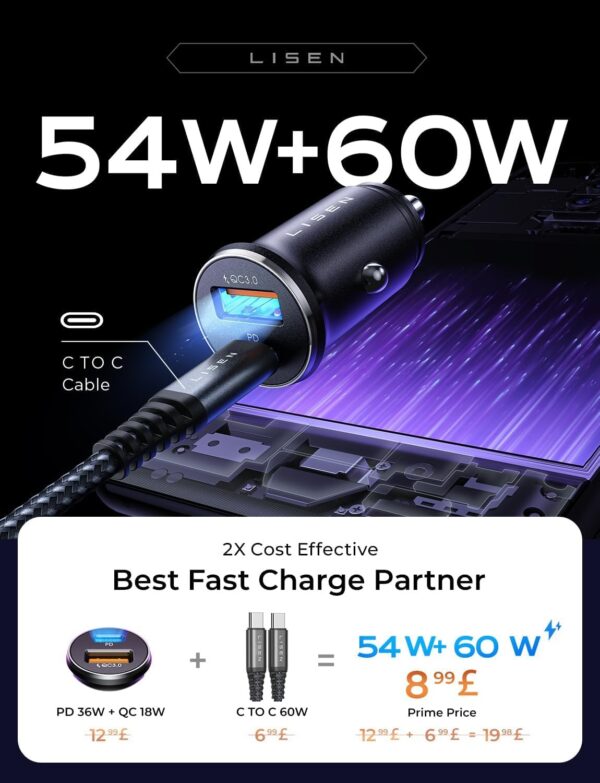 LISEN Car Charger Adapter USB C 54W 12V USB Socket [USB C 36W+USB A 18W] with 60W 3.3ft USB C Cable PD3.0 Car Phone Charger Fast Charge Cigarette Lighter USB Charger for iPhone 15 Pro Max Samsung iPad - Image 5