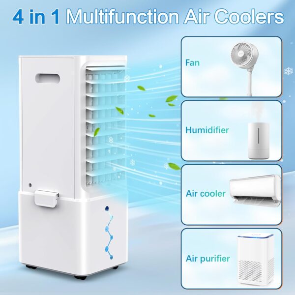 Raofuo Evaporative Air Cooler, 65W Mobile Air Conditioner 60° Oscillation 3 Modes/Wind Speeds Removable 10L Tank 12H Timer Low Noise w/Remote Control 2 Ice Box Cooling Fan for Home, Bedroom, Office - Image 3