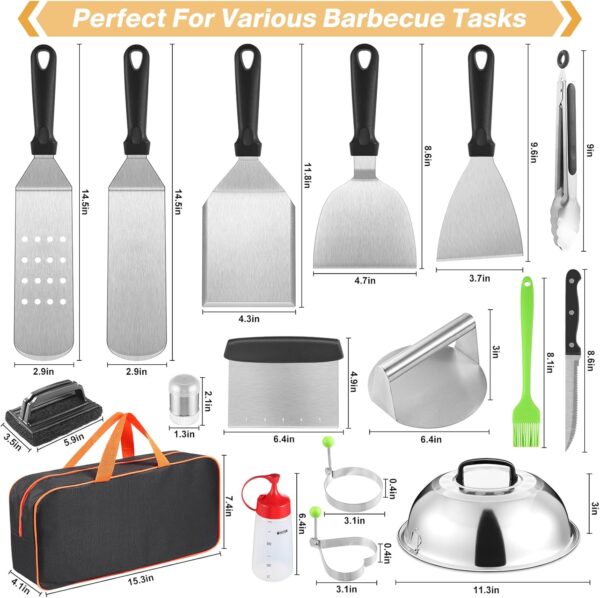 zycBernoi Griddle Accessories Kit, 19 PCS Flat Top Grill Accessories for Blackstone Camp Chef, Metal Spatula Set with Burger Press,Basting Cover,Melting Dome,Tongs,Carry Bag for Outdoor Grilling BBQ - Image 8