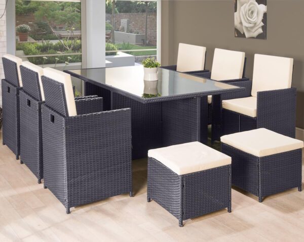 Premium 11-Piece Rattan Garden Furniture Set, 6 Armchairs, 4 Stools, Cube Dining Table (Black) - Image 3