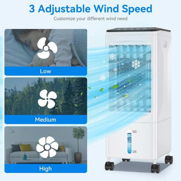 Evaporative Air Cooler, 3-IN-1 Portable Air Conditioner Humidifier Cooling Fan, 3 Speed, 60° Oscillation, Remote Control & 1-7H Timer, 60W Energy Saving Portable Space Cooler for Home Office Dorm - Image 4