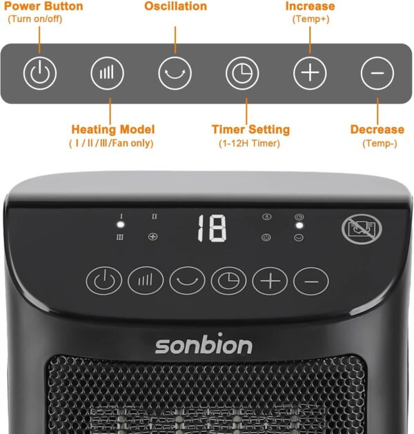 SONBION Small Electric Heater, 1800W Portable Fan Heater with Thermostat, Space Heater for Home Office Garage, PTC Ceramic Fast Heating, Tip-Over and Overheat Protection, Timer and Remote Function - Image 7