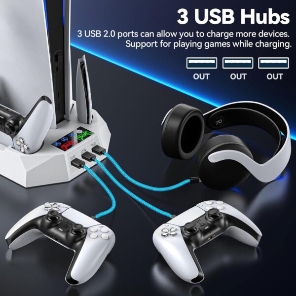 PS5 Stand with Cooling Station and Controller Charging Station for Playstation 5 Console, PS5 Accessories with 3 Levels Cooling Fan/Headset Holder, 3 USB Hub - Image 3