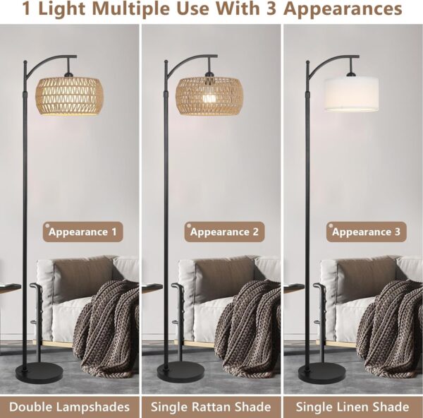 Rayofly Arc Floor Lamp for Living Room, Dimmable Floor Lamps with Remote Control, Boho Standing Lamp with Rattan & Linen Double Shades, Black Reading Tall Lamp for Bedroom Office, 9W LED Bulb Included - Image 7