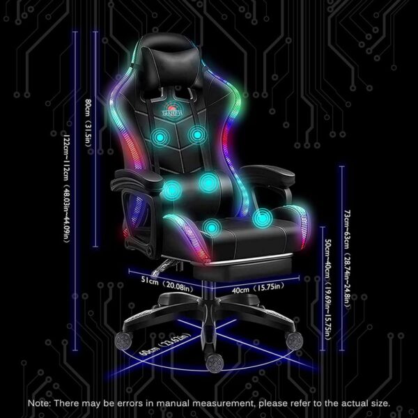 Gaming Chair with LED Light/Video Gaming Chair with Massage and Footrest, with Bluetooth Speakers Adjustable Armrest PU Leather PC Computer Desk Chair, Adjustment ​of Backrest,Black - Image 7