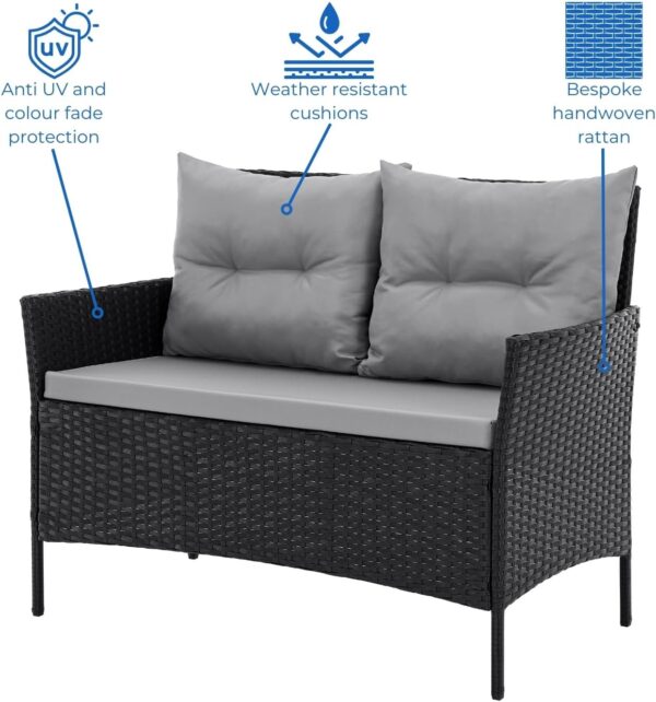 EVRE Anthracite Florence Garden Rattan Furniture Set 4 Piece Seat 1 Sofa 2 Chair Dining Outdoor Conservatory Wicker Weave Lounge Sofa and Glass Top Table with Cushions - Image 5