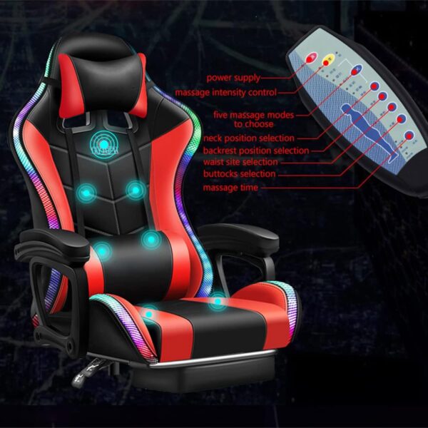 Gaming Chair with LED Light/Video Gaming Chair with Massage and Footrest, with Bluetooth Speakers Adjustable Armrest PU Leather PC Computer Desk Chair, Adjustment ​of Backrest,Black - Image 3