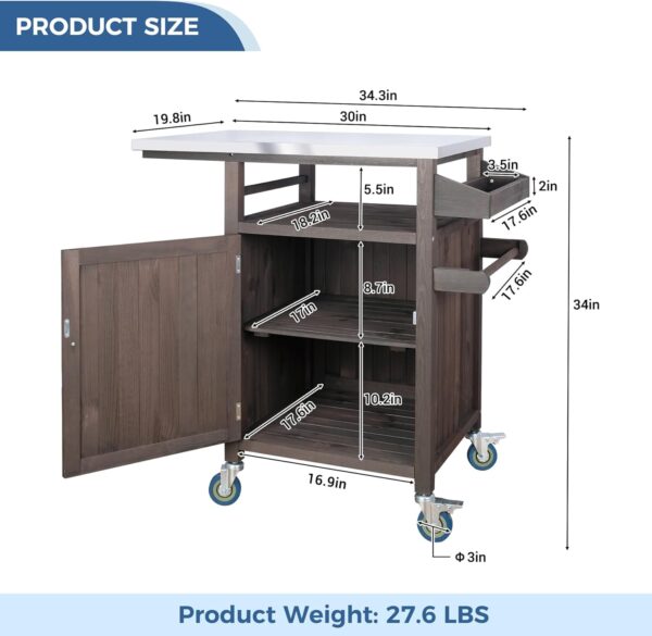 INFANZIA Outdoor Grill Cart Table Pizza Oven Trolley with Wheels Solid Wood Kitchen Units with Storage for Outside, Garden Serving Cart Cooking Table with Stainless Steel Top for BBQ, Patio - Image 6