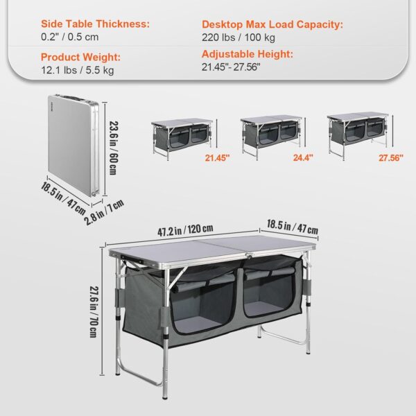 VEVOR Camping Kitchen Table, Aluminum Portable Folding Camp Cooking Station with Storage Organizer, 3 Adjustable Height, Quick Installation for Picnic BBQ Beach Traveling - Image 4