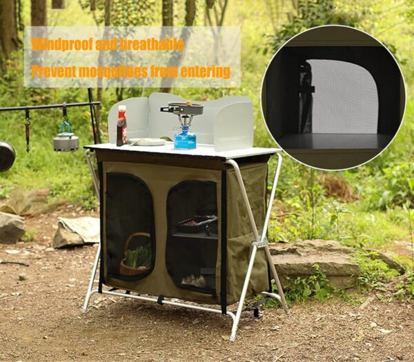 Outdoor Portable Folding Camp Kitchen Table, Lightweight folding aluminum cooking station with windshield, Cabinet storage for barbecue picnics - Image 6