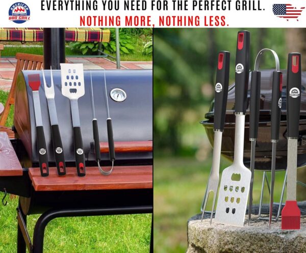 BBQ Tools Sets - Premium Barbecue Utensils - 4 Piece Grill Kit: Spatula, Tongs, Fork and Basting Brush - Best Heavy Duty Stainless Steel Case BBQ Accessories for Him - 10 Year Warranty - Image 3