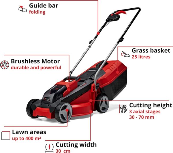 Einhell Power X-Change 18/30 Cordless Lawnmower With Battery and Charger - 18V, Brushless Motor, 30cm Cutting Width, 25L Grass Box, 3 Cutting Heights - GE-CM 18/30 Li Battery Lawn Mower - Image 4