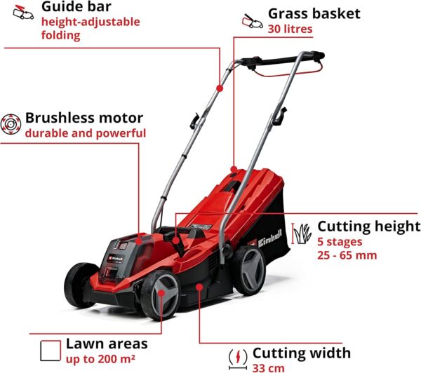 Einhell Power X-Change 18/33 Cordless Lawnmower With Battery and Charger - 18V, Brushless Motor, 33cm Cutting Width, 30L Grass Box, 5 Cutting Heights - GE-CM 18/33 Li Battery Lawn Mower - Image 4