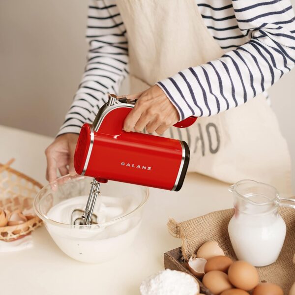 Galanz 5-Speed Lightweight Electric Hand Mixer with Dough Hooks, Beaters, & Storage Base + Simple Eject Button, 5 Speeds + Turbo, 150W, Retro Red - Image 8