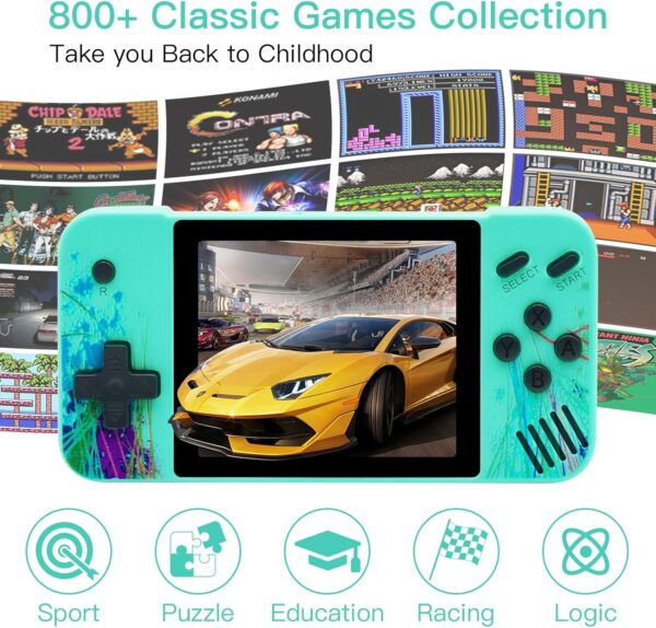 Handheld retro game console for kids, 3.5-inch LCD screen, preloaded with 800 classic retro video games, portable game console, mini arcade electronic toy gift for boys and girls (green) - Image 3