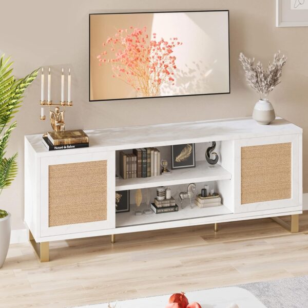 IDEALHOUSE Rattan TV Stand for 65 Inch TV, White Entertainment Center Modern TV Console Table, Low TV Stand with Storage, Doors and Shelves, TV Console Media Cabinet Furniture for Living Bedroom - Image 2