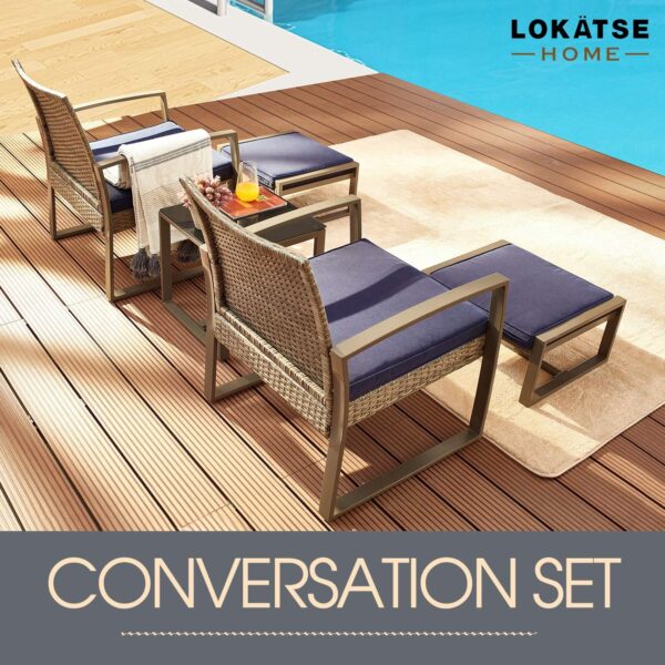 LOKATSE HOME 5-Piece Wicker Outdoor Conversation Set Patio Furniture PE Rattan All Weather Cushioned Chairs Balcony Porch with Ottoman and Glass Coffee Side Table, Blue - Image 7