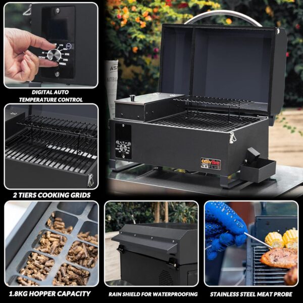 Onlyfire Upgraded Pellet Smoker BBQ Table Top Portable 8 in 1 Multi-Function Outdoor Barbecue Grill for RV Camping Tailgating with Auto Temperature Control, Meat Probe & 2 Tiers Cooking Area, Black - Image 5