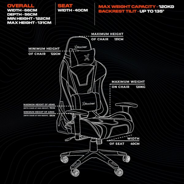 X-Rocker Agility Gaming Chair, High Back Ergonomic Racing Computer Chair with Adjustable Lumbar Support and Headrest, 3D Armrests, Adjustable Height and Swivel Chair Base Office Chair - BLACK - Image 7