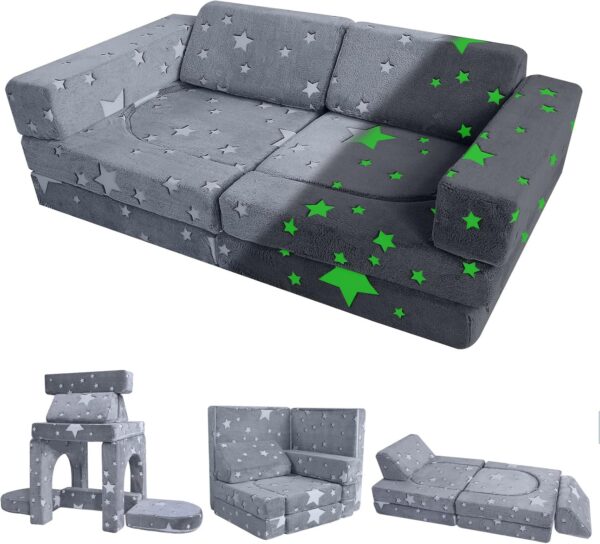 MeMoreCool 10-Piece Kids Couch Sofa, Modular Toddler Couch Glow Sofa Bed for Playroom Bedroom, Fold Out Play Couch for Girl Boy, Kids Convertible Sofa Sectional Foam Playset, Star - Image 2