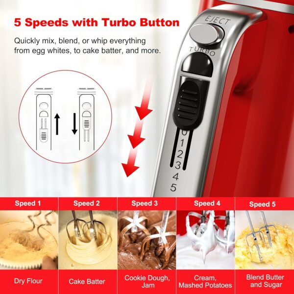 Galanz 5-Speed Lightweight Electric Hand Mixer with Dough Hooks, Beaters, & Storage Base + Simple Eject Button, 5 Speeds + Turbo, 150W, Retro Red - Image 3