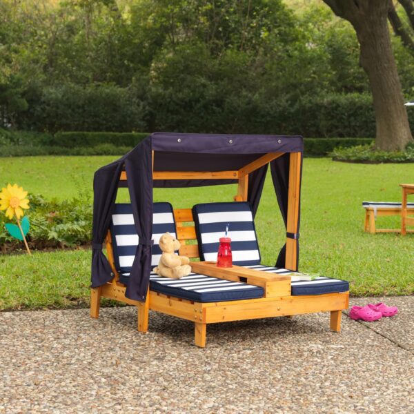 KidKraft Double Garden Sun Lounger for Kids with Canopy and Cushions, Wooden Garden Chairs, Outdoor Garden Furniture For Children, Navy & White, 00524 - Image 4