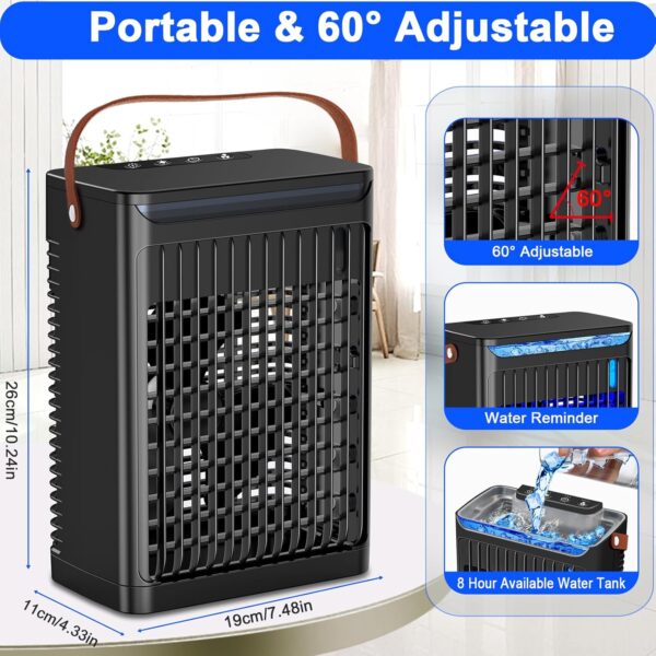 Portable Air Cooler - Portable Air Conditioner Mini AC with Handle,Personal Quiet Small Mobile Cooling Fan,USB Powered,2/4/6 H Timer, 5 Speeds,60°Adjustment,for Office, Home, Room,Desk,Car - Black - Image 8