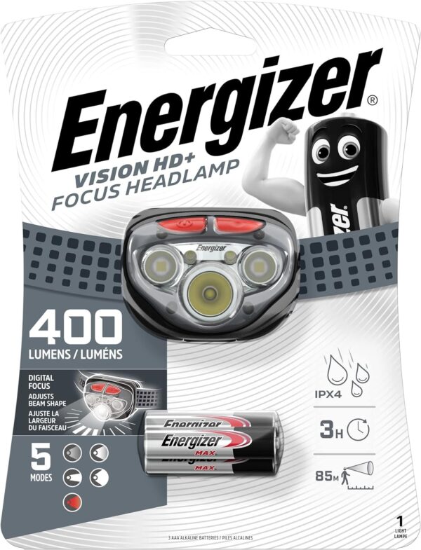 Energizer Vision HD+ Focus LED Head Torch, Bright Headlamp, Water Resistant, Lightweight for Indoor and Outdoor Activities, Batteries Included, Grey - Image 2