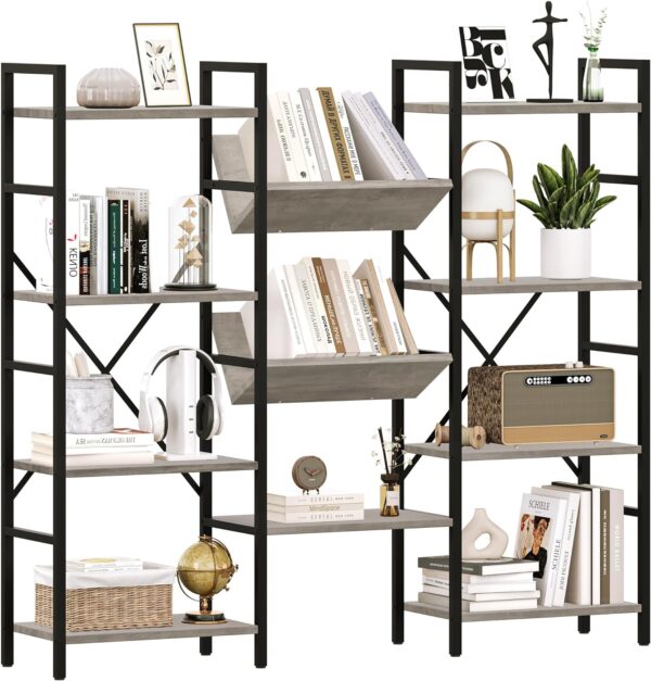 IDEALHOUSE Triple Wide 4 Tier Book Shelf, Tall Bookshelf with Open Display Shelves, Industrial Large Bookshelves and Bookcases with Metal Frame for Living Room, Bedroom, Home Office-Grey - Image 9