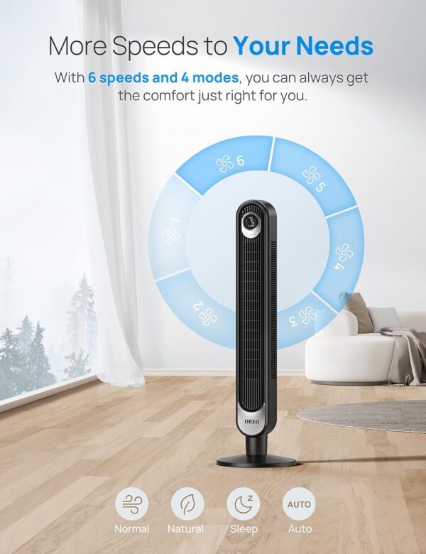 Dreo 28dB Silent Tower Fan, 6 Speeds Standing Fan with Remote, 7.3m/s Quiet Bladeless Cooling Fan, 90° Oscillating Electric Fan, 4 Modes, 12H Timer, LED Display, 42 Inch Floor Fan for Bedroom - Image 6