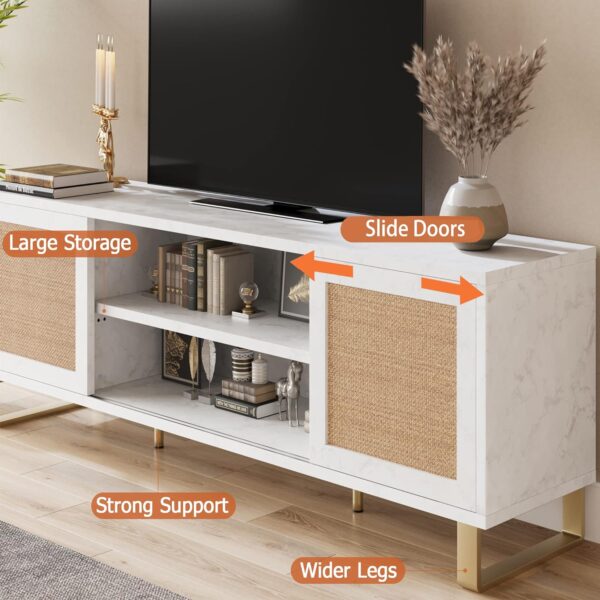 IDEALHOUSE Rattan TV Stand for 65 Inch TV, White Entertainment Center Modern TV Console Table, Low TV Stand with Storage, Doors and Shelves, TV Console Media Cabinet Furniture for Living Bedroom - Image 5