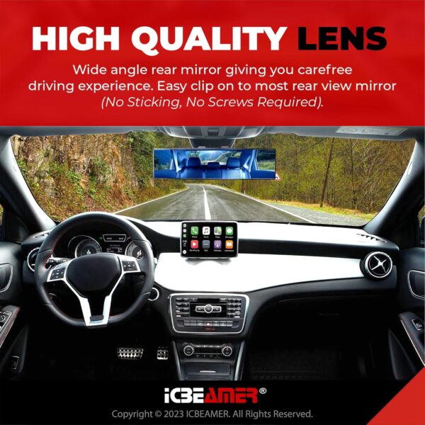 ICBEAMER 9.4" 240mm Easy Clip on Wide Angle Panoramic Blind Spot Fit Auto Interior Rear view Mirror Anti-Glare Blue Tint Convex Surface - Image 4