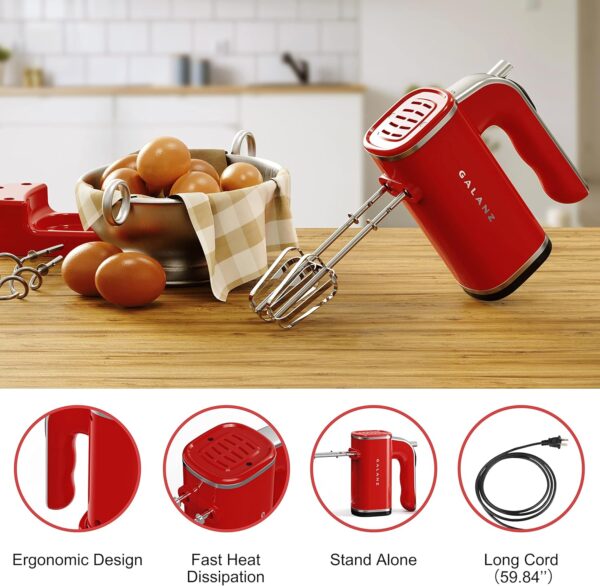 Galanz 5-Speed Lightweight Electric Hand Mixer with Dough Hooks, Beaters, & Storage Base + Simple Eject Button, 5 Speeds + Turbo, 150W, Retro Red - Image 6