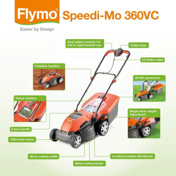 Flymo Speedi-Mo 360VC Electric Rotary Lawn Mower, 1500W, 36cm Cutting Width, 40 L Grass Box, 967663301 - Image 9