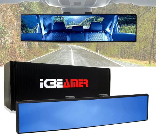 ICBEAMER 9.4" 240mm Easy Clip on Wide Angle Panoramic Blind Spot Fit Auto Interior Rear view Mirror Anti-Glare Blue Tint Convex Surface - Image 2