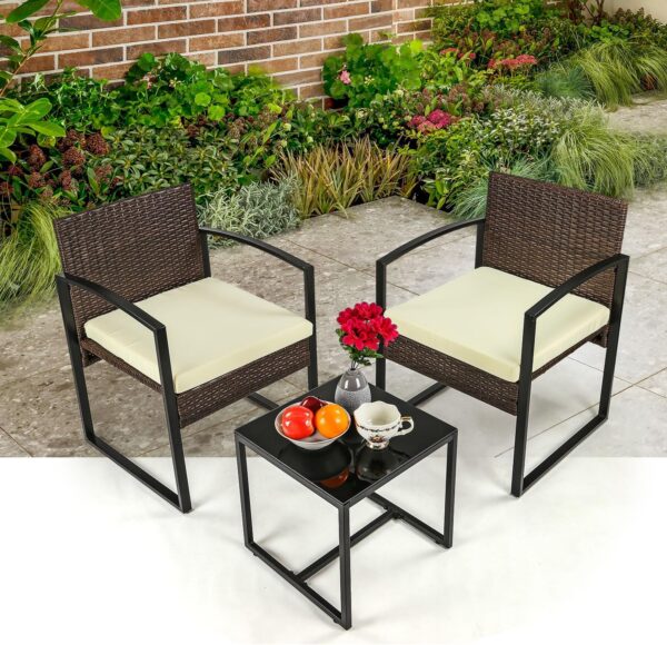 Taylor & Brown 3 Piece Bistro Set, Patio Rattan Furniture Set with Tempered Glass Coffee Table and Cushioned Chairs, Outdoor Wicker Conversation Sets for Garden Balcony Backyard Poolside (Brown/Beige) - Image 7