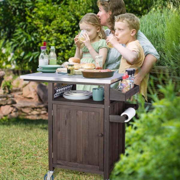 INFANZIA Outdoor Grill Cart Table Pizza Oven Trolley with Wheels Solid Wood Kitchen Units with Storage for Outside, Garden Serving Cart Cooking Table with Stainless Steel Top for BBQ, Patio - Image 9