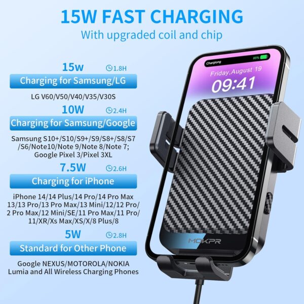 Wireless Car Charger, 15W Fast Charging Auto Clamping Car Phone Holder Wireless Charger Suction Holder Dashboard Compatible for iPhone 14 13 12 11 Pro Max Xs, Samsung Galaxy S23 S22 S21 S20, etc - Image 7