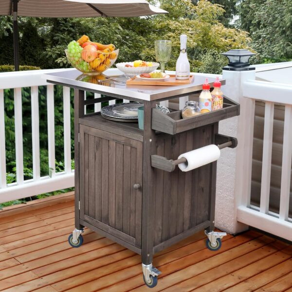 INFANZIA Outdoor Grill Cart Table Pizza Oven Trolley with Wheels Solid Wood Kitchen Units with Storage for Outside, Garden Serving Cart Cooking Table with Stainless Steel Top for BBQ, Patio - Image 8