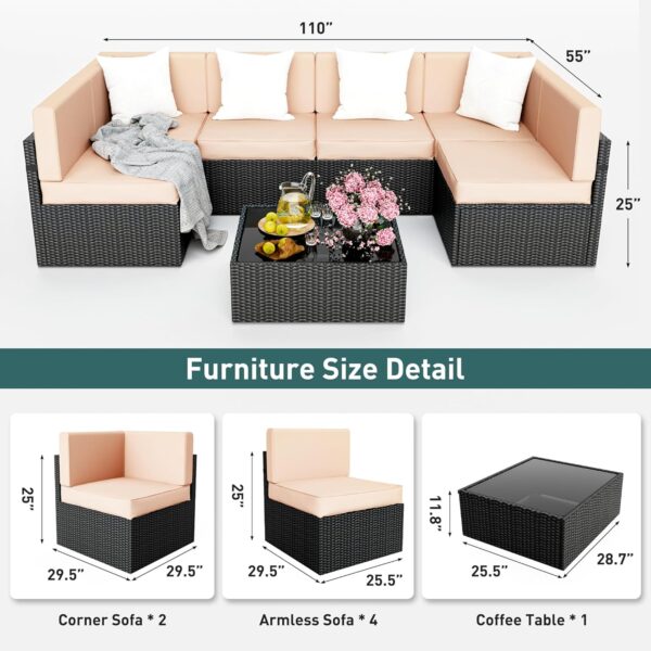 PAMAPIC 7 Pieces Patio Furniture，Outdoor Rattan Sectional Sofa Conversation Set with Tea Table and Washable Cushions, Beige - Image 7