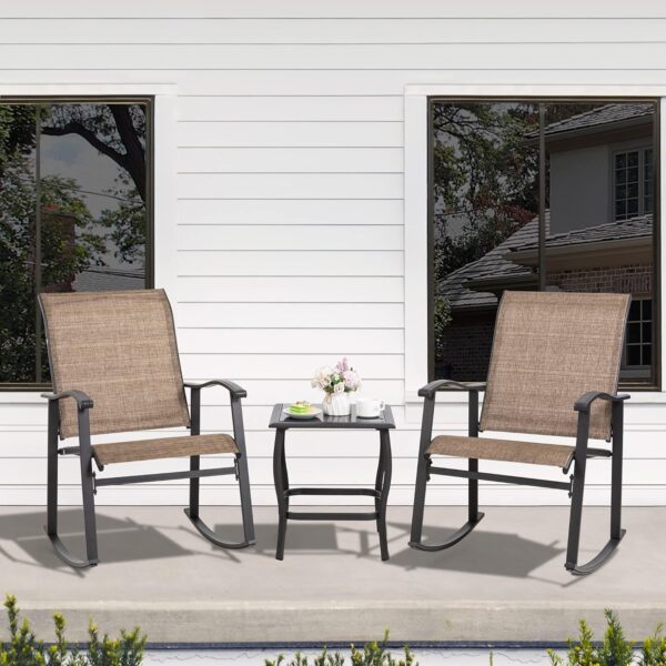 Shintenchi 3 Piece Rocking Bistro Set, Outdoor Furniture with Rocker Chairs and Glass coffee table set of 3, Balcony, Porch Furniture for Small Space, Brown - Image 3