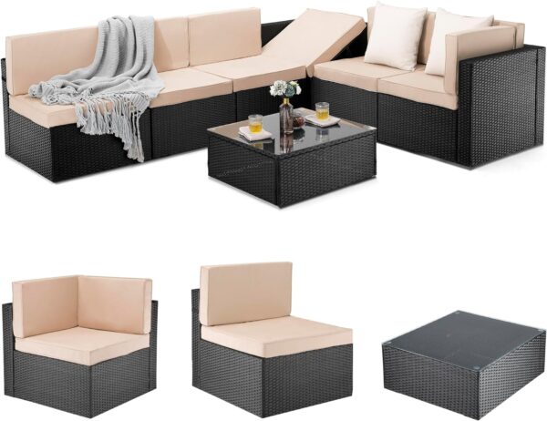 PAMAPIC 7 Pieces Patio Furniture，Outdoor Rattan Sectional Sofa Conversation Set with Tea Table and Washable Cushions, Beige - Image 2