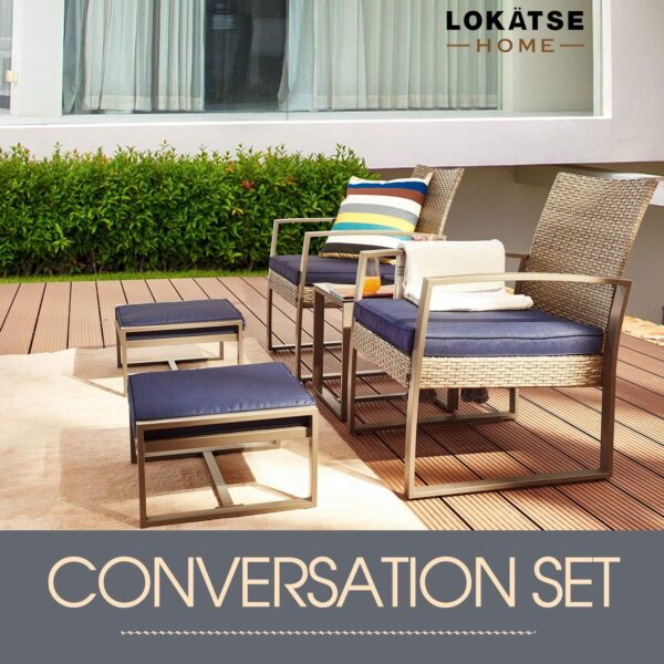 LOKATSE HOME 5-Piece Wicker Outdoor Conversation Set Patio Furniture PE Rattan All Weather Cushioned Chairs Balcony Porch with Ottoman and Glass Coffee Side Table, Blue - Image 8