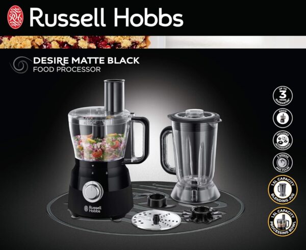 Russell Hobbs Desire Electric Food Processor, Bowl with 1.5L usable capacity, 1.5L Plastic jug, Stainless steel blades, reversible slicing/shredding disk, dough hook & creaming disk inc, 600W, 24732 - Image 5