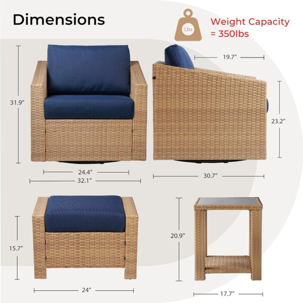 CHITA 5 Pieces Wicker Patio Furniture Set, Outdoor Conversation Set with 2 Pieces Rattan Swivel Chairs, 2 Pieces Ottomans, Thickened Cushions and Side Table - Image 6