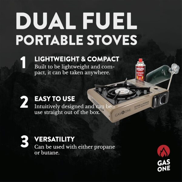 Gas ONE Propane or Butane Stove GS-3400P Dual Fuel Portable Camping and Backpacking Gas Stove Burner with Carrying Case Great for Emergency Preparedness Kit (Gold) - Image 7