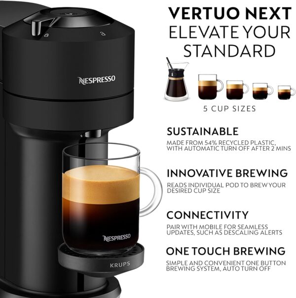 Nespresso Vertuo Next Automatic Pod Coffee Machine for Americano, Decaf, Espresso by Krups in Matt Black - Image 3