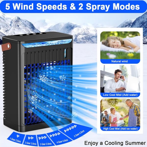 Portable Air Cooler - Portable Air Conditioner Mini AC with Handle,Personal Quiet Small Mobile Cooling Fan,USB Powered,2/4/6 H Timer, 5 Speeds,60°Adjustment,for Office, Home, Room,Desk,Car - Black - Image 5