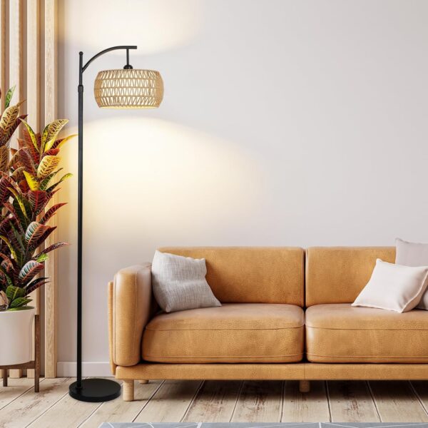 Rayofly Arc Floor Lamp for Living Room, Dimmable Floor Lamps with Remote Control, Boho Standing Lamp with Rattan & Linen Double Shades, Black Reading Tall Lamp for Bedroom Office, 9W LED Bulb Included - Image 10