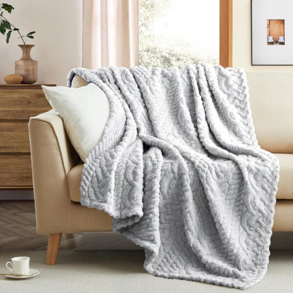 Sherpa Throw Blanket,Cable Pattern Decorative Soft Cozy Blanket for Couch Sofa,Light Weight Fleece Warm Throw Blanket for Bed,Grey,127 x 152 cm - Image 2